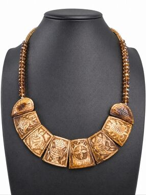 Auspicious Carved Yak Bone Statement Necklace Brown Beaded Handmade Artisan
